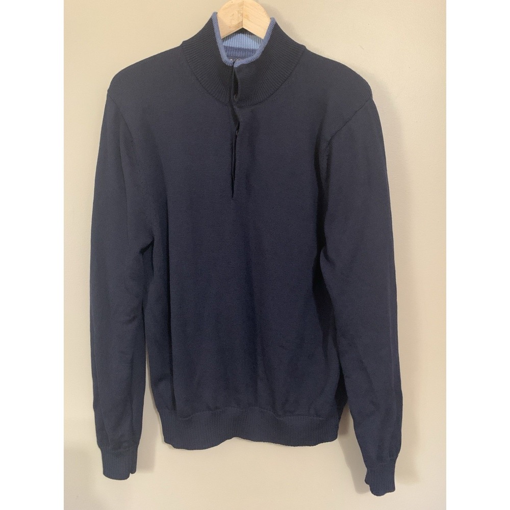 Brooks Brothers Extra Fine Italian Merino Wool Sweater Navy 1/4 Button Up Mens M - Picture 3 of 16